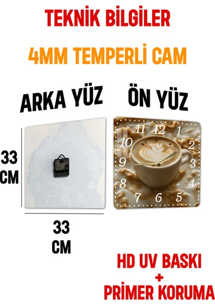 Kahve Temalı Temperli Cam Kare Saat 33X33 cm Ebadında Uv Baskı - KCS028