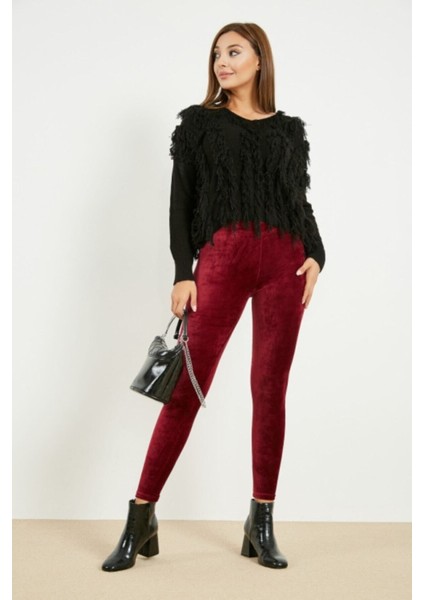 Kadın Bordo Kadife Kışlık Likralı Tayt