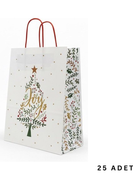 Yılbaşı Çam Desenli Kağıt Çanta, Yeniyıl Kırmızı Saplı Hediye Poşeti, 12X25X31 cm - 25 Adet, Beyaz