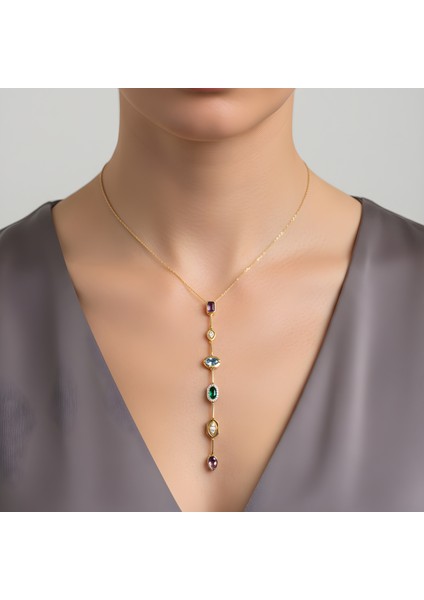 925 Ayar Gümüş Altın Kaplama Renkli Zirkon Taşlı Zarif Kadın Kolye