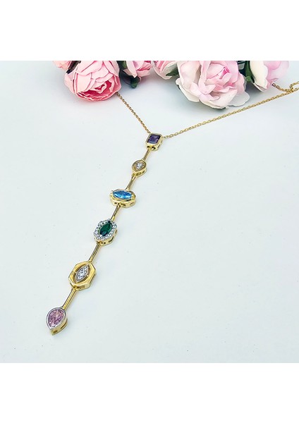 925 Ayar Gümüş Altın Kaplama Renkli Zirkon Taşlı Zarif Kadın Kolye fırsatları