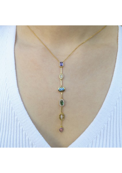 925 Ayar Gümüş Altın Kaplama Renkli Zirkon Taşlı Zarif Kadın Kolye indirimleri