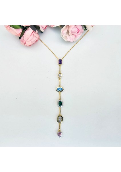 925 Ayar Gümüş Altın Kaplama Renkli Zirkon Taşlı Zarif Kadın Kolye