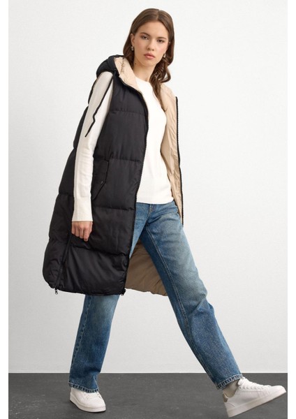 Kapüşonlu Fermuar Kapamalı Çift Taraflı Şişme Yelek SİYAH-TAŞ 8226