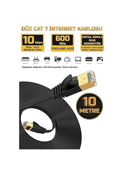 Cat 7 Ethernet Kablosu 10 Gigabit/s 600 Mhz Premium Metal Zırhlı RJ45 Konnektör (10 Metre) fiyatları