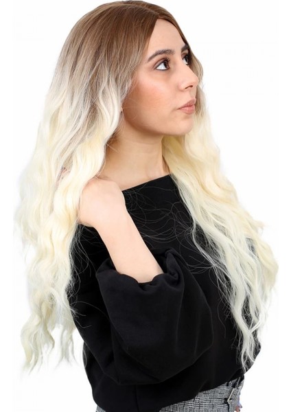 Fiber Sentetik Uzun Su Dalgası Peruk - Kumral / Platin Ombreli modelleri