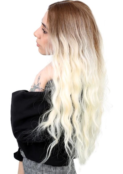 Fiber Sentetik Uzun Su Dalgası Peruk - Kumral / Platin Ombreli fırsatları