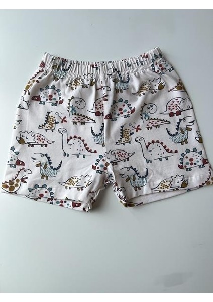 Krem Dinazorlar Desen Yazlık %100 Pamuk Şort