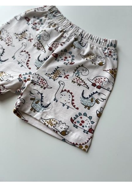 Krem Dinazorlar Desen Yazlık %100 Pamuk Şort modelleri