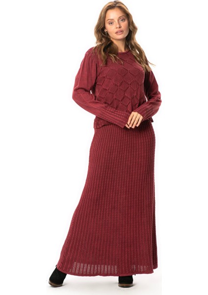 Uzun Kol Ahu Otantik Örgü Desenli Kışlık Uzun Triko Elbise Bordo Brd
