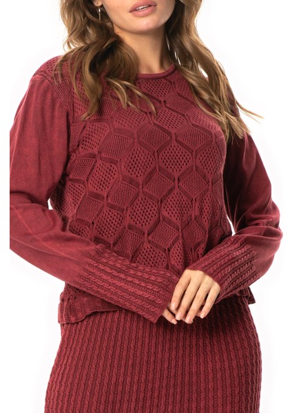 Uzun Kol Ahu Otantik Örgü Desenli Kışlık Uzun Triko Elbise Bordo Brd modelleri