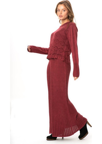 Uzun Kol Ahu Otantik Örgü Desenli Kışlık Uzun Triko Elbise Bordo Brd fırsatları