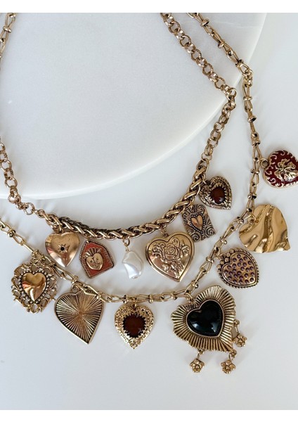 Antik Kalp Charm 2li Kolye