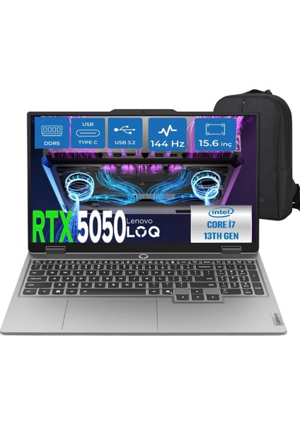 Loq Intel Core I7-13700HX 16GB Ram 1tb SSD RTX5050 (8GB+100W) IPS 300NITS 100% Srgb, 144Hz, Freedos 15.6" Taşınabilir Bilgisayar & Cimete Çanta