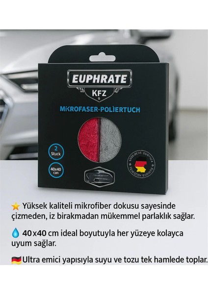 Euphrate Kfz Mikrofiber Vip Oto Temizlik Bezi Made In Germany (2 Li Paket) Kırmızı-Gri 40*40 Cm.