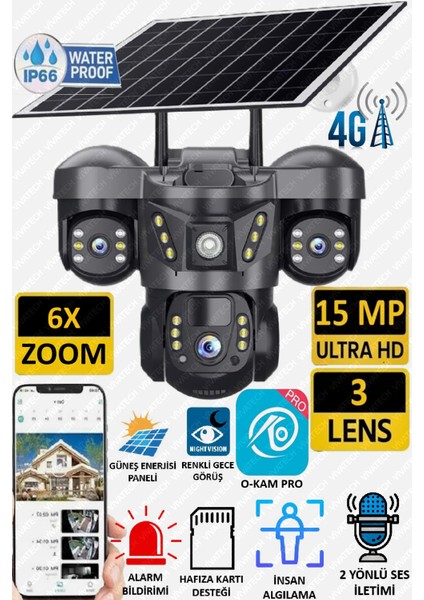 Ultimate 7070 Solar Güneş Enerjili İnsan Takibi 15MP 3 Lens 4G Akıllı Kamera Okam Pro Uygulama