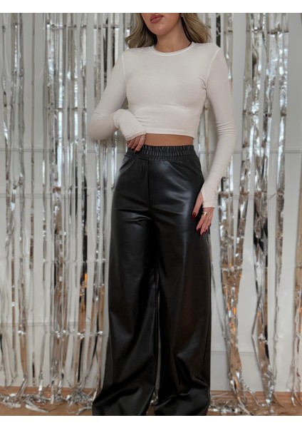 Kadın Yüksek Bel Beli Lastikli Geniş Paçalı Deri Pantolon