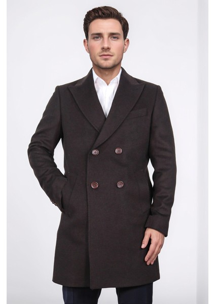 Kruvaze Sivri Yaka Yün ve Kaşmir Karışımlı Kahverengi Kaban