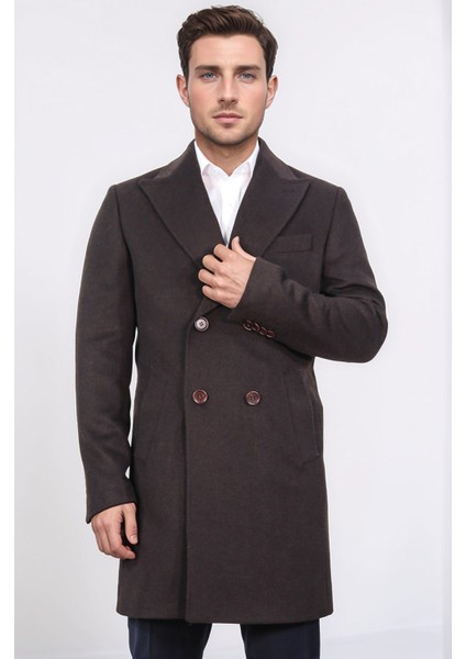 Kruvaze Sivri Yaka Yün ve Kaşmir Karışımlı Kahverengi Kaban fiyatları