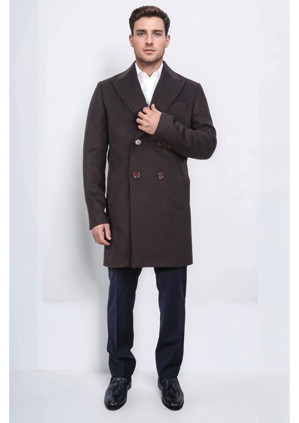 Kruvaze Sivri Yaka Yün ve Kaşmir Karışımlı Kahverengi Kaban fırsatları