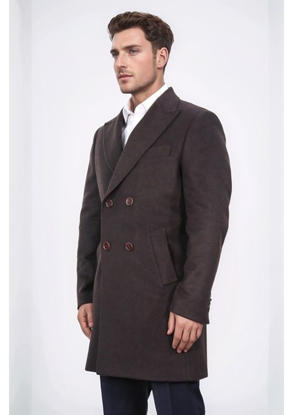 Kruvaze Sivri Yaka Yün ve Kaşmir Karışımlı Kahverengi Kaban indirimleri