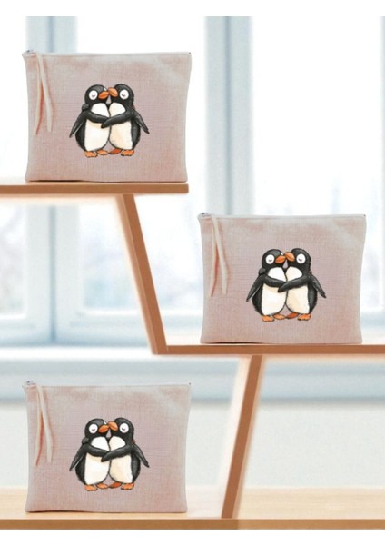 Sarılan Penguenler Baskılı 3'lü Makyaj Çantası 20X25 cm - Büyük Makyaj Çantası