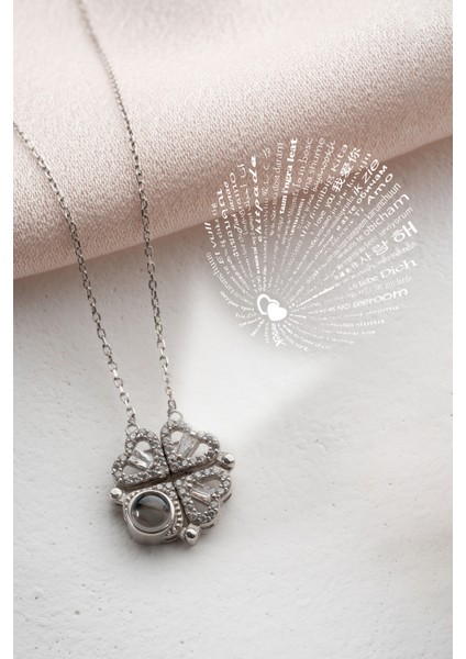 925 Ayar Gümüş Açılır Kapanır Mıknatıslı Baget Taşlı 4 Yapraklı Yonca Şans Kolye