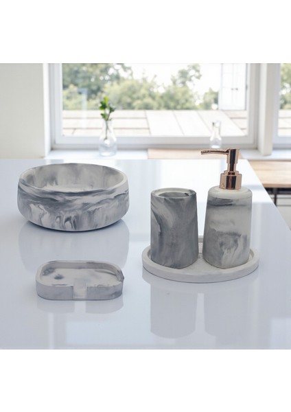 5 Li Taş Banyo Seti Sıvı Sabunluk Diş Fırçalık Kase Tepsi Set Beyaz - Gri Mermer Desenli