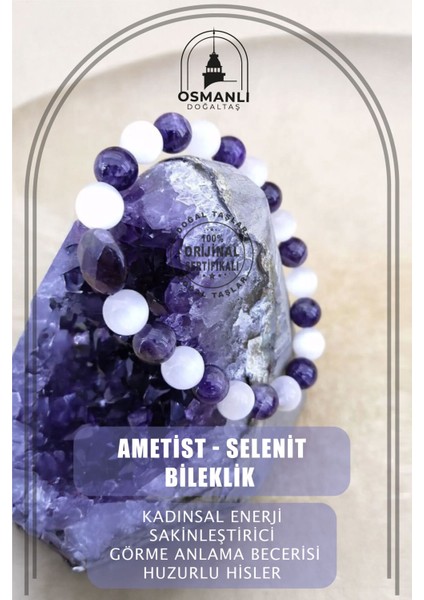 Doğal Taş Bileklik, Ametist ve Selenit, Turuncu Renkli, Şık ve Enerjik Tasarım