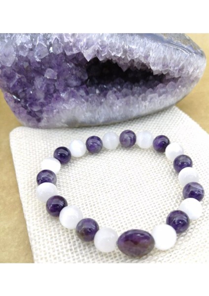 Doğal Taş Bileklik, Ametist ve Selenit, Turuncu Renkli, Şık ve Enerjik Tasarım modelleri