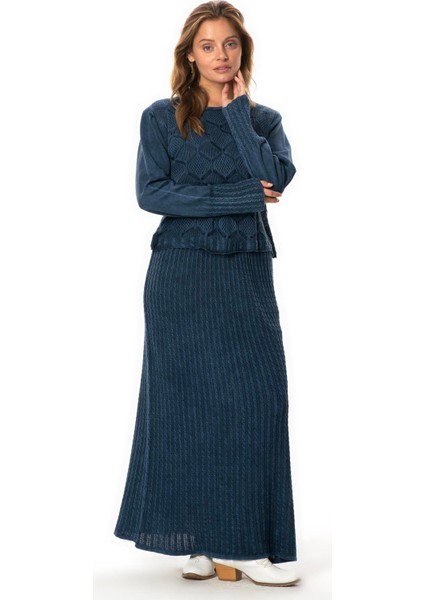 Uzun Kol Ahu Otantik Örgü Desenli Kışlık Uzun Triko Elbise Indigo Indg