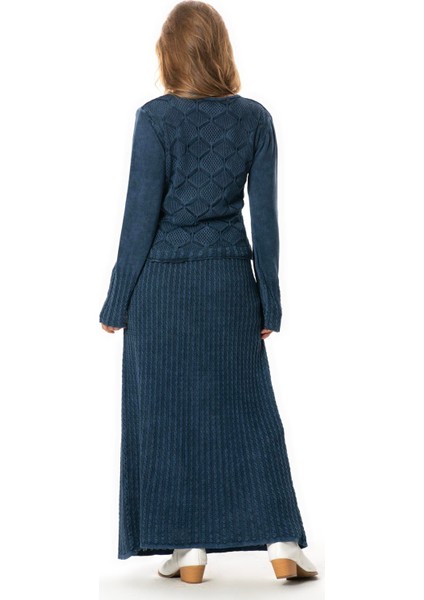 Uzun Kol Ahu Otantik Örgü Desenli Kışlık Uzun Triko Elbise Indigo Indg fiyatları