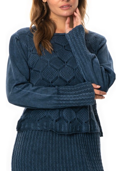 Uzun Kol Ahu Otantik Örgü Desenli Kışlık Uzun Triko Elbise Indigo Indg modelleri