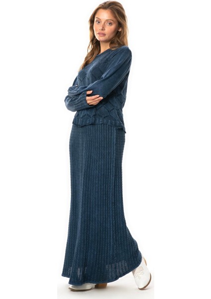 Uzun Kol Ahu Otantik Örgü Desenli Kışlık Uzun Triko Elbise Indigo Indg fırsatları