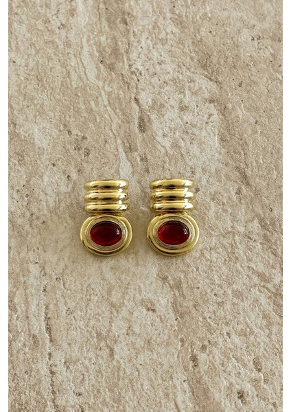 Koyu Kırmızı Taşlı Kombine Kabartma Gold Vintage Küpe fırsatları