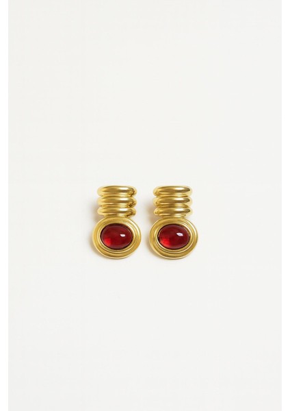 Koyu Kırmızı Taşlı Kombine Kabartma Gold Vintage Küpe indirimleri