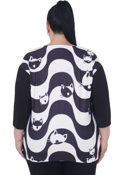Büyük Beden Kedi Desenli V Yaka Kapri Kol Bluz indirimleri