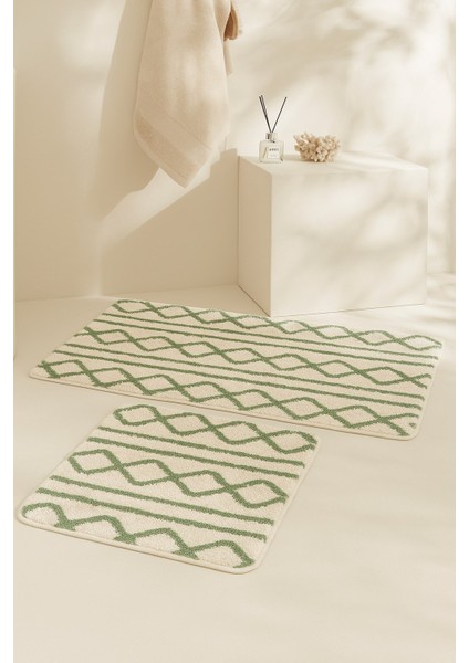 Carla Iskandinav Banyo Paspas Seti 2’li 60X100 & 60X50 cm – Kaymaz Doğal Lateks Taban Yumuşak Kemik Çağla Yeşili Renk Geometrik Desenli
