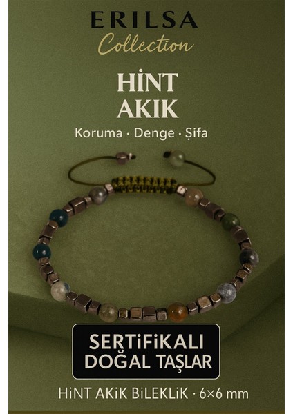 Sertifikalı Doğal Terahertz Hint Akik Taşı Bileklik 6x6 mm - Denge ve Şifa Taşı