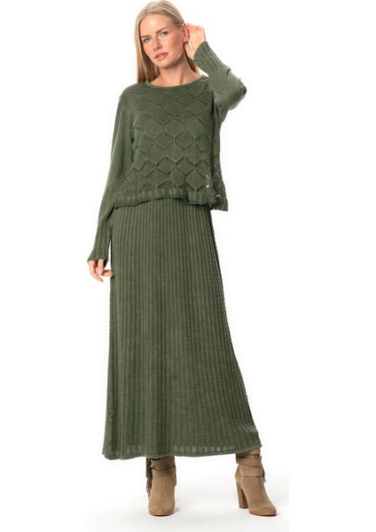 Uzun Kol Ahu Otantik Örgü Desenli Kışlık Uzun Triko Elbise Haki Hk