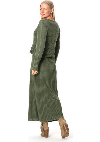 Uzun Kol Ahu Otantik Örgü Desenli Kışlık Uzun Triko Elbise Haki Hk fiyatları