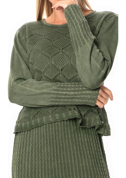 Uzun Kol Ahu Otantik Örgü Desenli Kışlık Uzun Triko Elbise Haki Hk modelleri