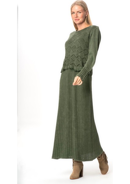 Uzun Kol Ahu Otantik Örgü Desenli Kışlık Uzun Triko Elbise Haki Hk fırsatları