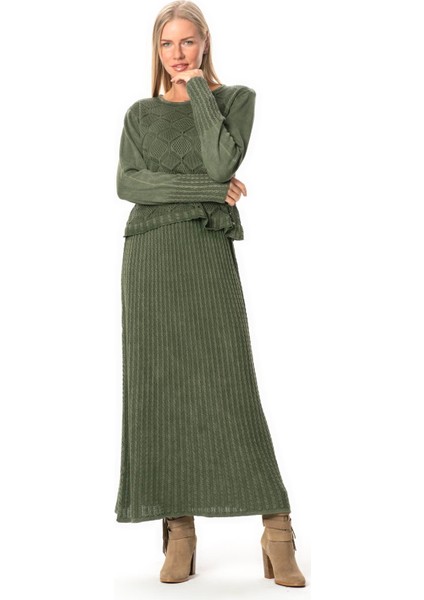Uzun Kol Ahu Otantik Örgü Desenli Kışlık Uzun Triko Elbise Haki Hk indirimleri