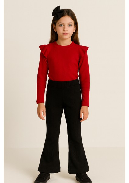 Kız Çocuk 3’lü Takım Kırmızı Badi, Siyah Ispanyol Tayt ve Bandana – Günlük Şık Kombin