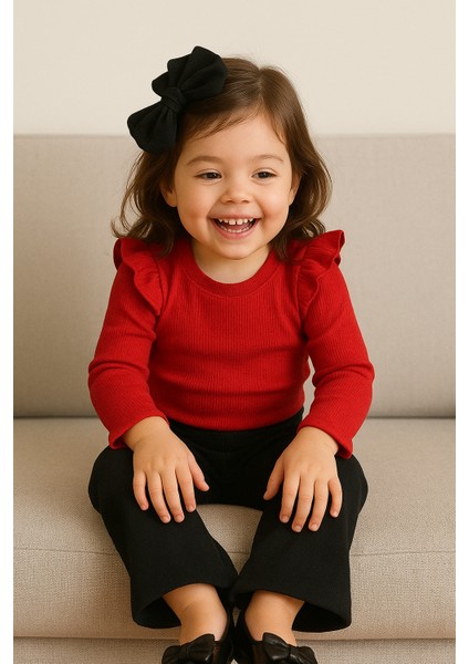 Kız Çocuk 3’lü Takım Kırmızı Badi, Siyah Ispanyol Tayt ve Bandana – Günlük Şık Kombin