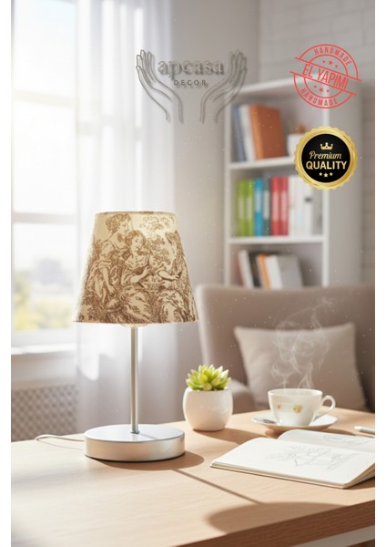 Vintage Mini Toile De Jouy Abajur Fransız Desen Gri Metal Kablolu Ayak Kahverengi Başlık Masa Lambası