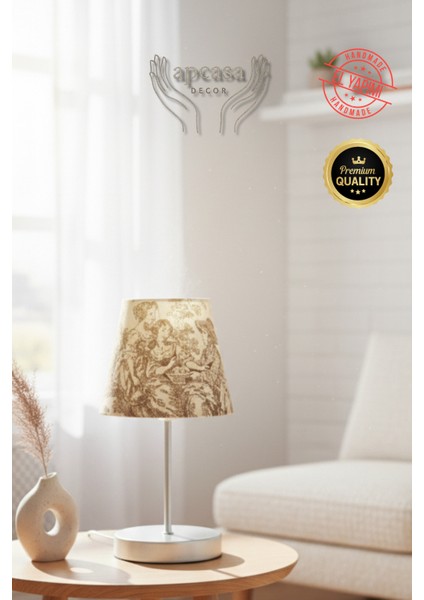 Vintage Mini Toile De Jouy Abajur Fransız Desen Gri Metal Kablolu Ayak Kahverengi Başlık Masa Lambası