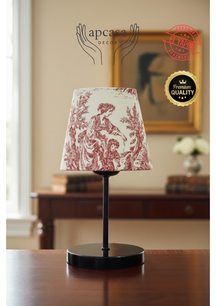 Vintage Mini Toile De Jouy Abajur Fransız Desen Siyah Metal Kablolu Ayak Kırmızı Başlık Masa Lambası