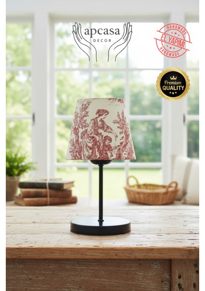 Vintage Mini Toile De Jouy Abajur Fransız Desen Siyah Metal Kablolu Ayak Kırmızı Başlık Masa Lambası fırsatları